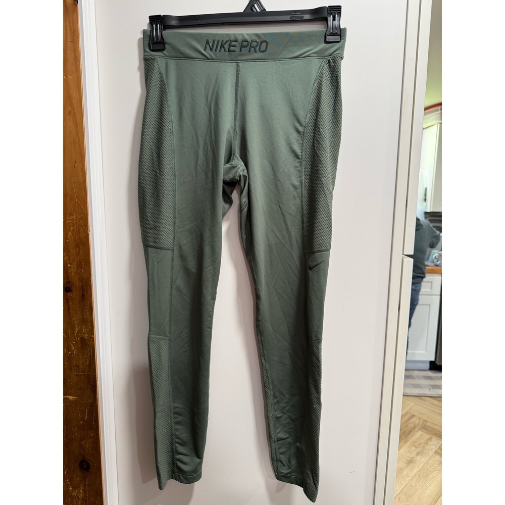 Nike Pro Dri-FIT Womens Sage Green Textured Mesh Panel Athletic Leggings Large
